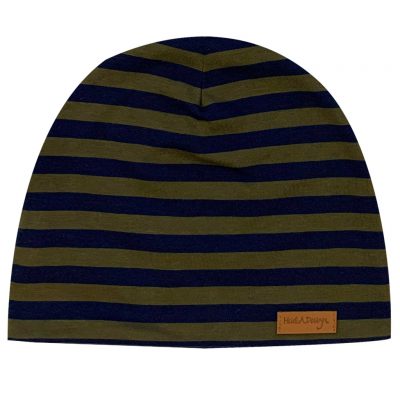 Army green and blue striped beanie
